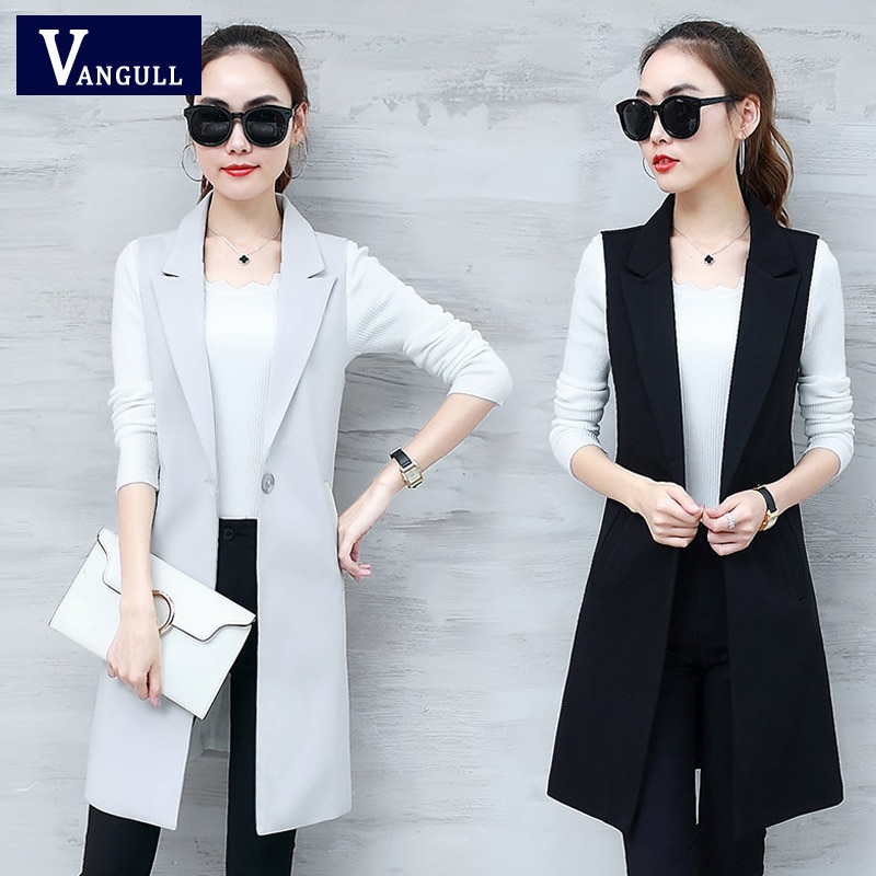 VANGULL Elegant Suit Vest Women Spring Autumn Sleeveless Long Vest Jacket Colete Plus Size 3XL Blazer Vest Coat Women Waistcoat 1