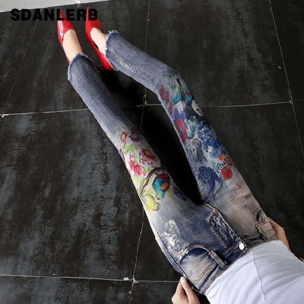 Flare Pants Women Flare Jeans Summer Autumn New Retro Printed Horn Jeans Thin Loose Slim High Waist Burr Pants Ripped Jeans 1 Retro Printed Horn Jeans Thin Loose Slim High Waist Burr Pants Ripped Jeans