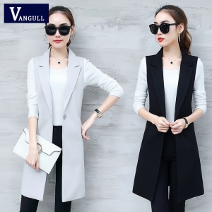 Vangull Women’s Long Sleeveless Vest with Turn-Down Collar and Pockets – Elegant Office Lady Blazer Vest 