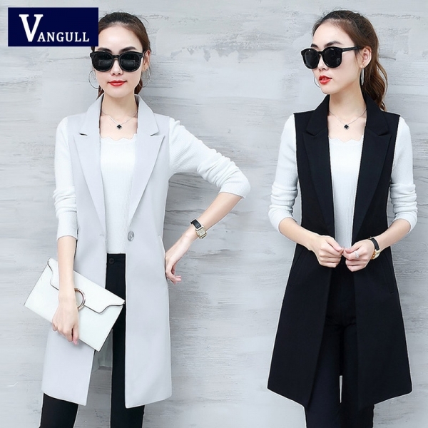 Vangull Women’s Long Sleeveless Vest with Turn-Down Collar and Pockets – Elegant Office Lady Blazer Vest 
