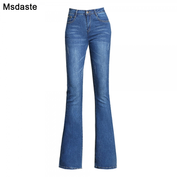 Spring Slim Wide Leg Ladies Denim Trousers Elastic High Waist