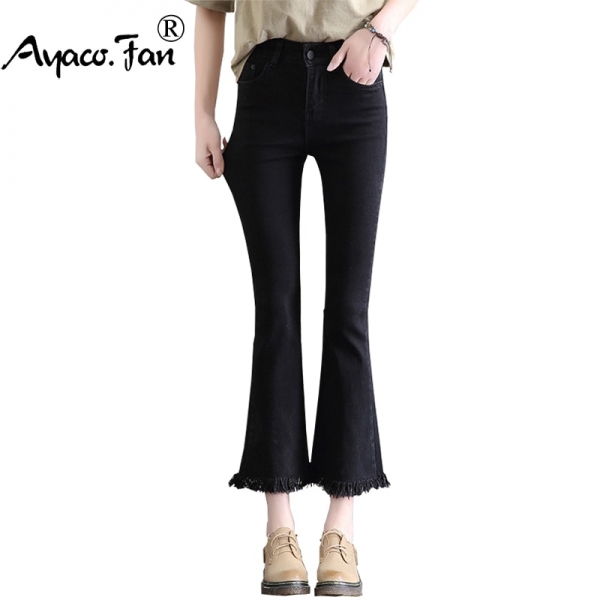 Slim Flare Pants Vintage High Waist Women Jeans Solid Trousers Ankle-Length