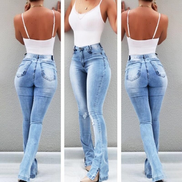 Blue Stretchy Skinny High Waist Wide Leg Long Denim Trousers Plus Size