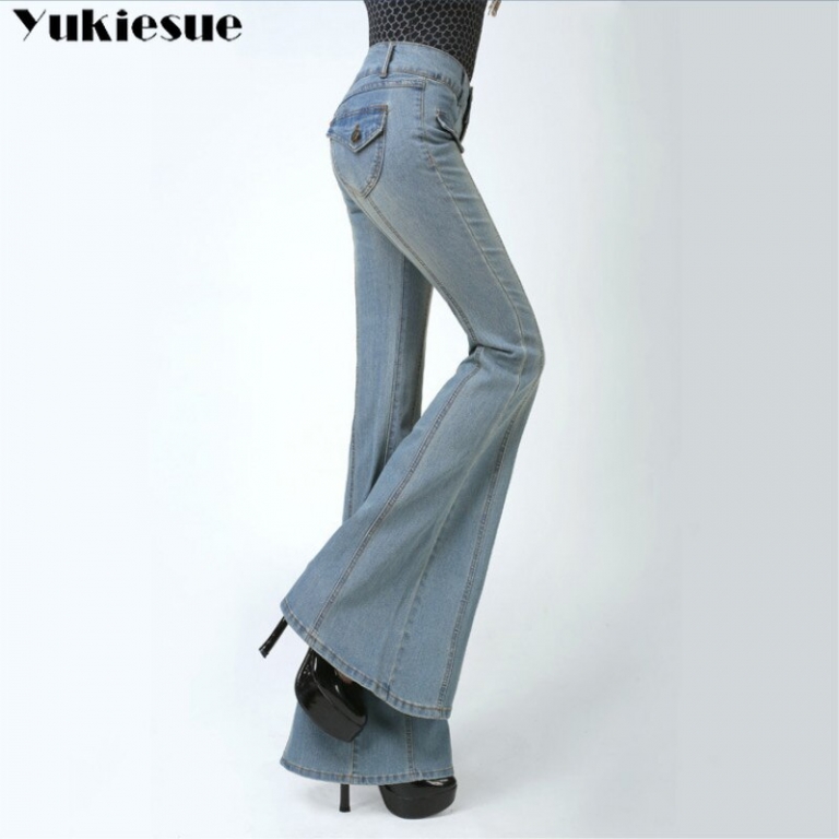 Woman's Flared Jeans with High Waist for women Elegant Retro Style Bell Bottom Skinny Denim Pants Female Sexy Wide Leg Jeans