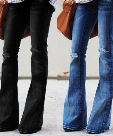 Fashion Women Jeans Denim Hole Female Mid Waist Stretch Slim Flare Jeans cargo pants Hole Denim Casual #4