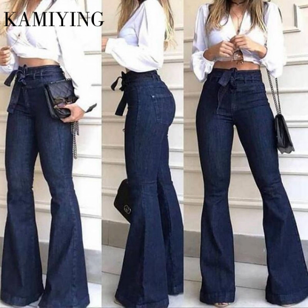 High waist Lace Up Flare Pants Jeans for Woman Fashion Full Length Wide Leg Pants