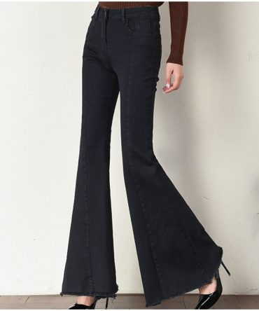 Plus Size Big Bell-Bottom Stretch Black Denim Long Jeans For Women 5Xl 7Xl Autumn Winter Wide Leg Tassel Skinny Flare Pants