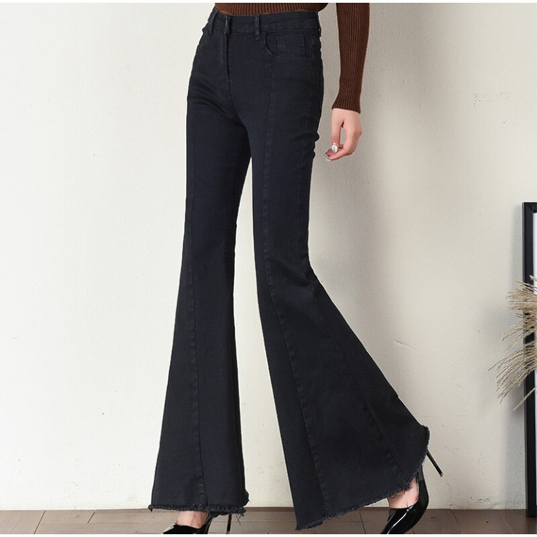 Plus Size Big Bell-Bottom Stretch Black Denim Long Jeans For Women 5Xl 7Xl Autumn Winter Wide Leg Tassel Skinny Flare Pants