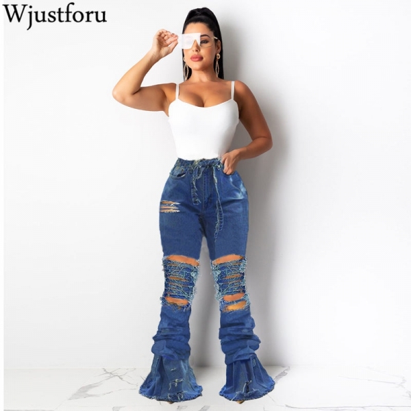 Wjustforu Bell Bottoms Ripped Flare Jeans For Women Back Hollow Out Patchwork Hole Jeans Female Skinny Club Denim Pants Vestido 1 Shop Bell Bottoms Ripped Flare Jeans for Women – Distressed Streetwear Denim Pants