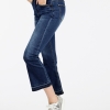 Chic calf-length flare jeans for women with a mid-waist fit, made from a soft cotton blend with zipper fly closure. 