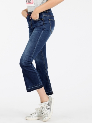 Chic calf-length flare jeans for women with a mid-waist fit, made from a soft cotton blend with zipper fly closure. 