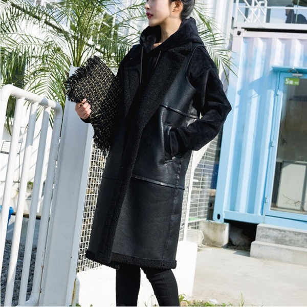 Winter Warm Waistcoats Female Long Vest Female Black Sleeveless PU Leather Jacket Velvet Women's Vests Outerwear Spring Coats