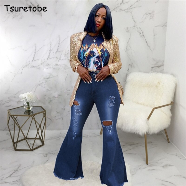Tsuretobe Autumn Plus Size Flare Pants Women Ripped Jeans Fashion High Waist Wide Leg Pants Casual Bell-Bottoms Jeans Trousers