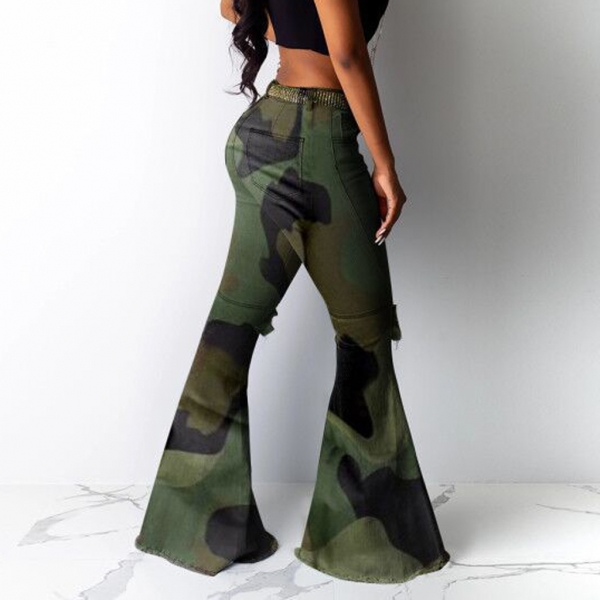 Ophestin Jean for Women Plus Size High Waist Denim Bell Bottom Distressed Ripped Fashion Camouflage Female Trousers 3 Plus Size High Waist Denim Bell Bottom Distressed Ripped Jeans – Stylish Flare Pants for Women