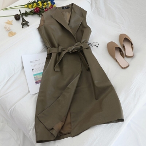 Gagarich Women Vests Sleeveless Medium Long Belt Waist Female Elegant Autumn Winter PU Leather Loose Vests 2020