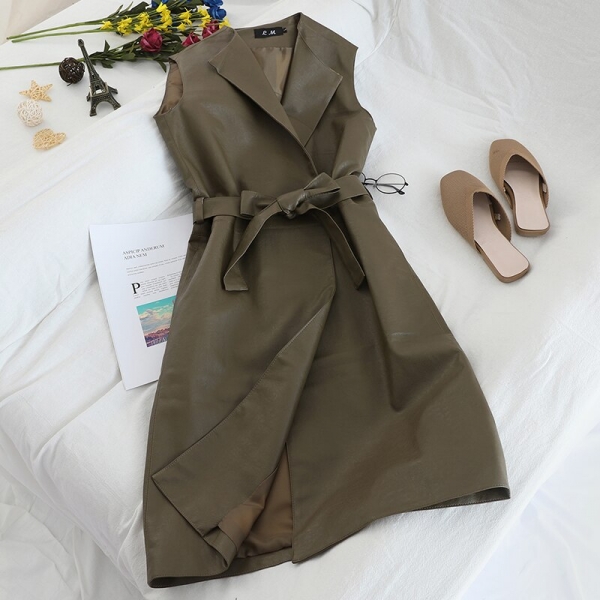 Gagarich Women Vests Sleeveless Medium Long Belt Waist Female Elegant Autumn Winter PU Leather Loose Vests 2020