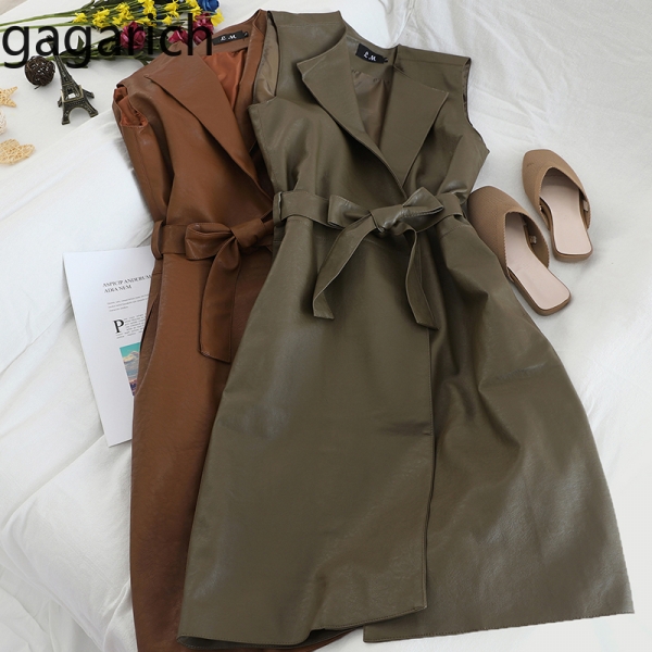 Long Belt Waist Female Elegant Autumn Winter PU Leather Loose Vests