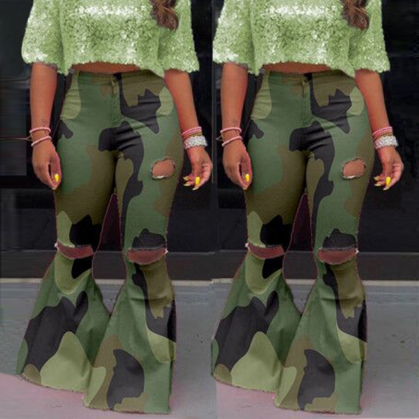 Ophestin Jean for Women Plus Size High Waist Denim Bell Bottom Distressed Ripped Fashion Camouflage Female Trousers 1 Plus Size High Waist Denim Bell Bottom Distressed Ripped Jeans – Stylish Flare Pants for Women