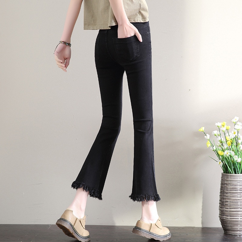 2019 New Slim Flare Pants Vintage High Waist Women Jeans Solid Trousers Ankle-Length Pants Lady Tassel loose cowboy Flares 3