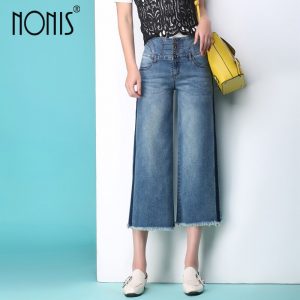 Denims broad leg Straight trousers strech calf-length