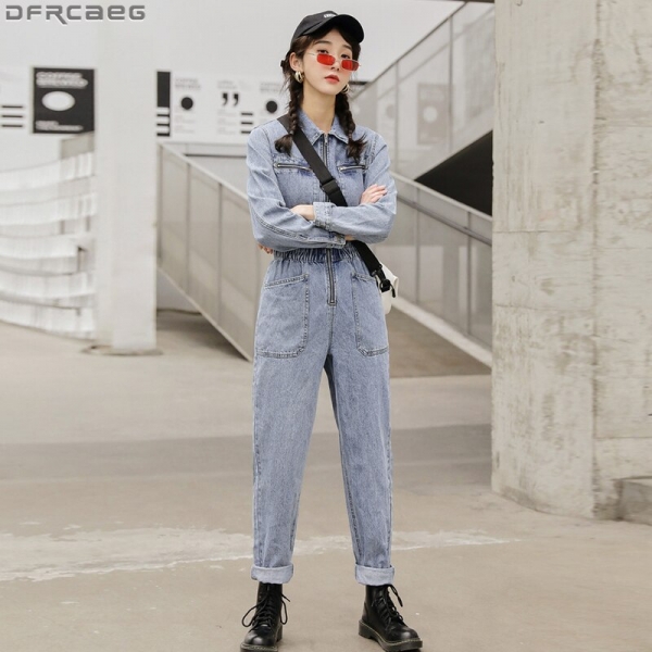 Fashion Streetwear Long Sleeve Denim Overalls Women Elastic High Waist Tunic Bodycon Rompers Zipper Big Pockets Jeans Jumpsuit 1 Streetwear Lengthy Sleeve Denim Overalls Girls Elastic Excessive