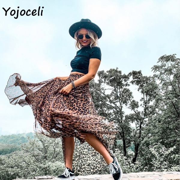 Yojoceli leopard chiffon skirt backside girls lengthy skirt