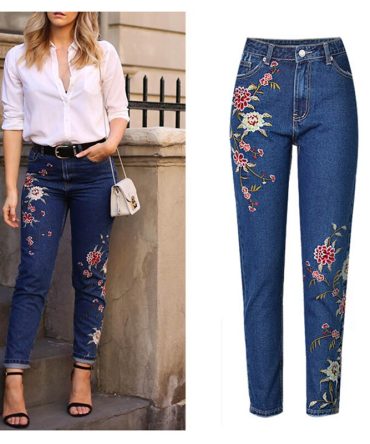 Ladies's Clothes Straight Denim Denims Pants 3D Floral Embroidery