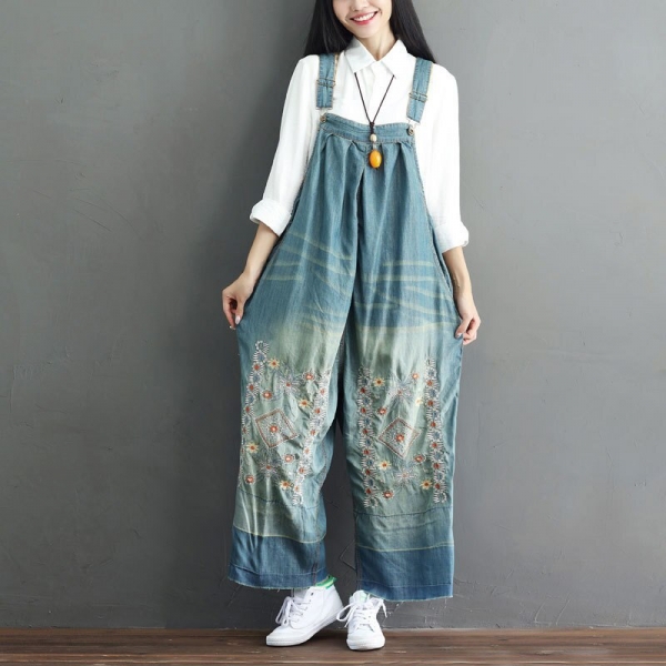 Jumpsuit Embroidery Denim Denims Rompers Sleeveless Backless