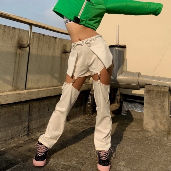 Punk Style Jeans Women Hip Hop Pocket White Hole Ripped Denim Pants Lady Autumn Straight Trousers Chain Detachable Pants Female Denims Girls Hip Hop Pocket White Gap Ripped