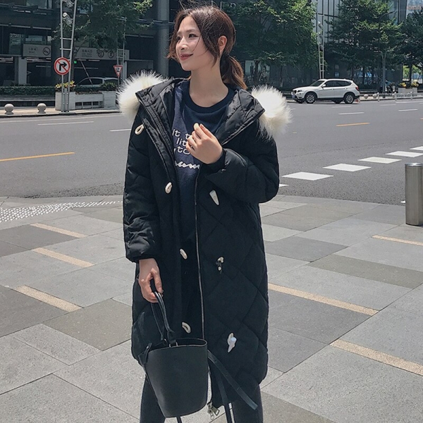 X-long Horn Button Women's Jacket Plus Size Solid Parkas Female Winter Hooded Loose Thick Cotton Padded Casual Outwear Coats 1 X-long Horn Button Girls's Jacket Plus Measurement Stable