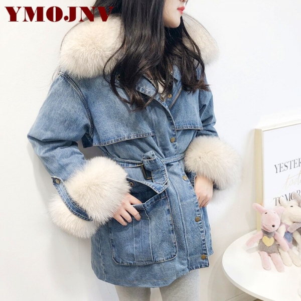 YMOJNV Winter Women Coat Denim Down Jacket Real Natural Fox Fur Collar 90% White Duck Down Liner Warm Parka Female Outerwear 1 Winter Ladies Coat Denim Down Jacket Actual Pure Fox