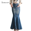 Casual Denim Ruffle Fishtail Skirt for Women – Stretch Waist Jean Skirt