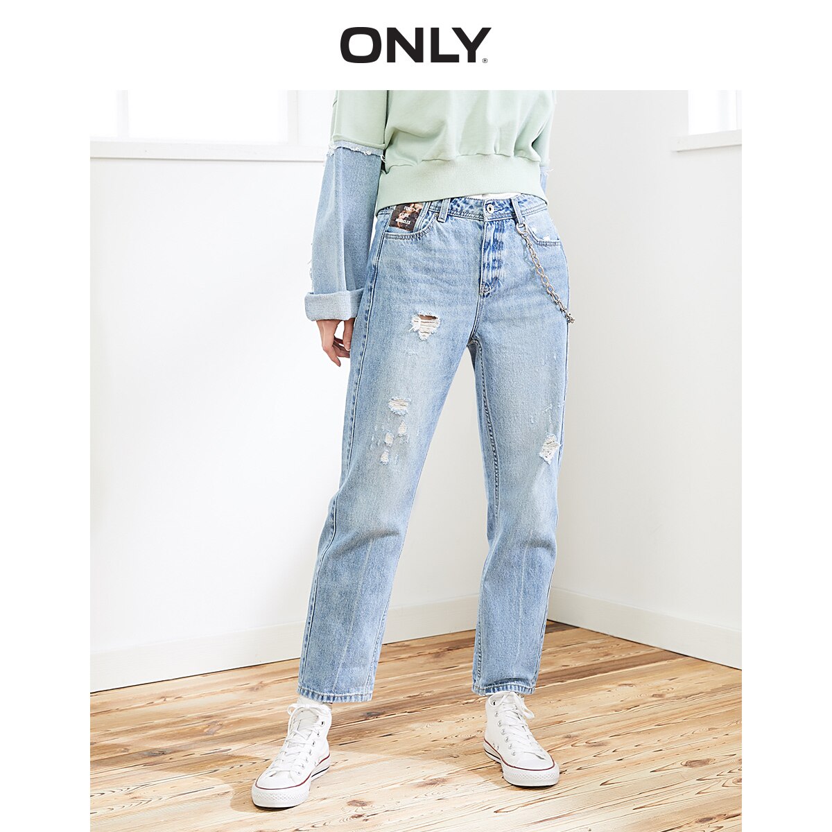 ONLY Women’s Loose Straight Fit Ripped Low-rise Crop Jeans |119449517
