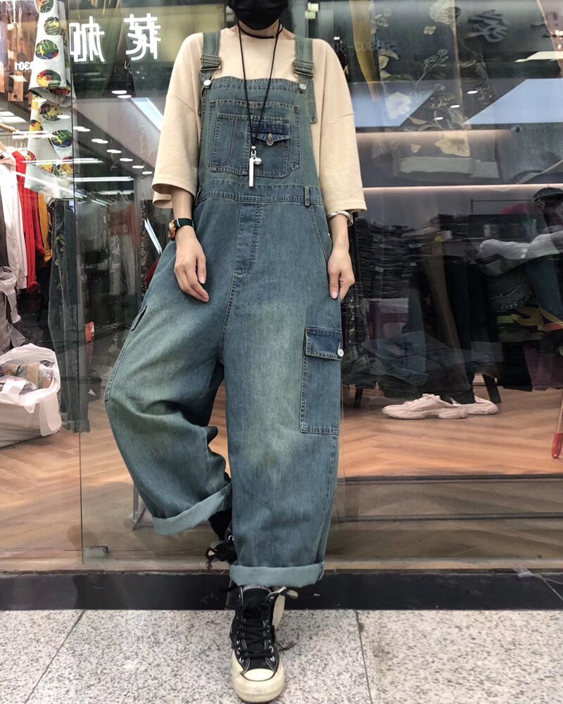 Cargo jean jumpsuits Women Straps Bib Wide Leg Denim Trousers Big size Drop Crotch Overalls Streetwear Style pocket Blue Rompers 1
