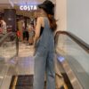 Ripped Denims For Ladies Broad-Leg Overalls Pants With Shoulders