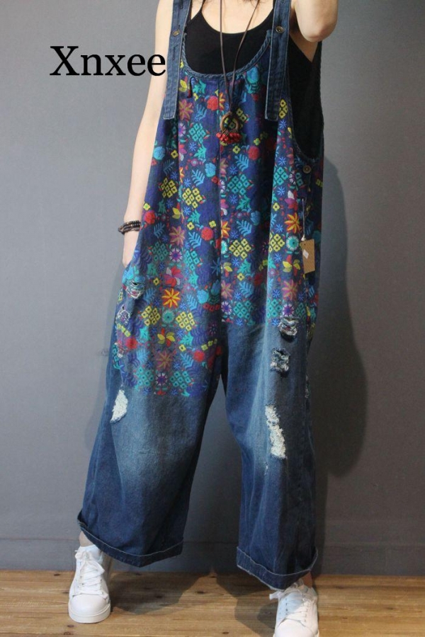 Women Denim Overalls Print Floral Vintage Plus Size Casual flower print Ripped Hole Wide Leg Jumpsuit Ladies Jeans Romper loose 3 Casual Style with Xnxee's Ladies Denim Overalls - Floral Print, Classic Charm, and Plus Size Comfort
