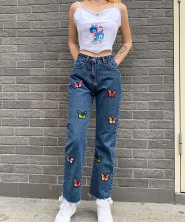 Excessive Waist Girls Straight Denims Butterfly Print Jeans