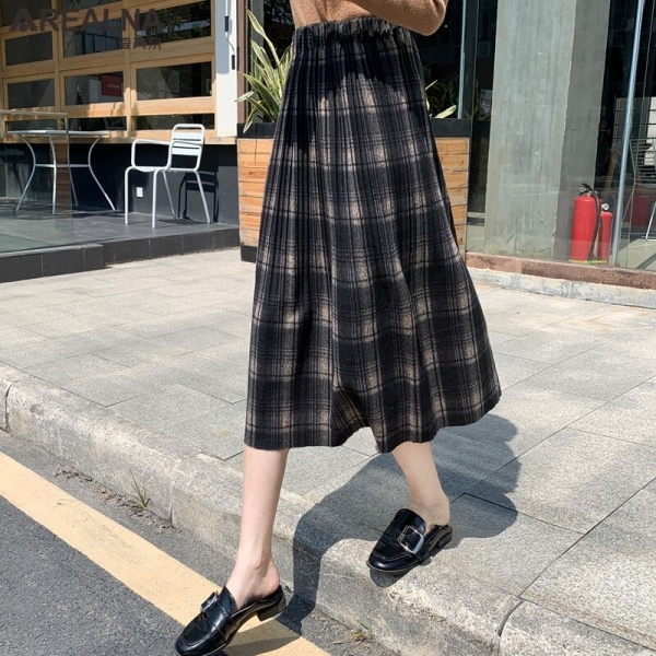 Korean Style Black School Pleated Skirt for Women Plaid Tweed Skirts Womens Long Skirts Womens Midi Skirt Checkered Tartan Skirt 1 AREALNA's Korean Black Pleated Skirt for Women