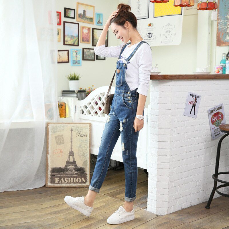 Womens Jumpsuit Denim Overalls Autumn Winter Casual Ripped Hole Loose Pants Ripped Pockets Jeans Washed Fashion Rompers 1