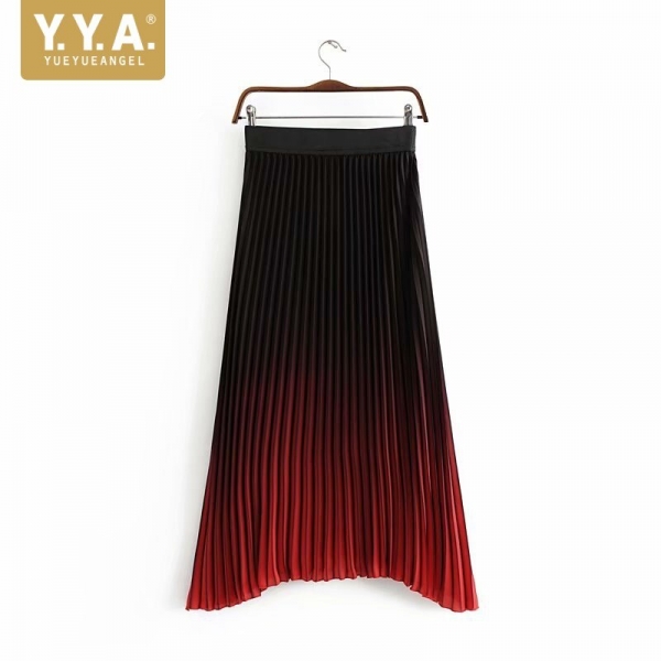 Spring Summer Women Gradient Color Pleated Skirt Elastic High Waist Long Skirt Fashion Ladies Ankle Length Skirt Streetwear Summer season Ladies Gradient Coloration Pleated Skirt