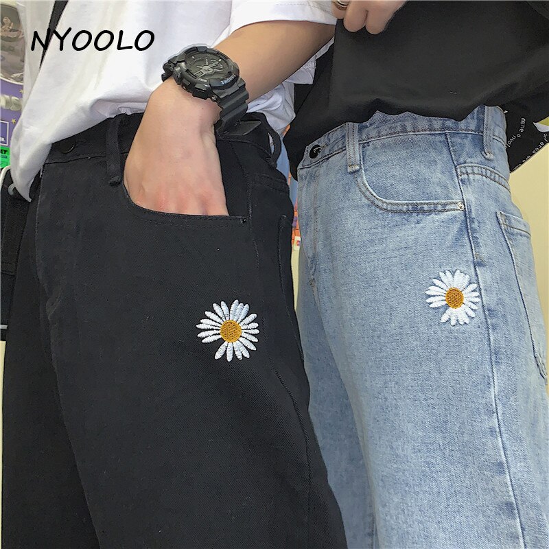 NYOOLO Harajuku style ulzzang daisy embroidery denim pants women men Casual streetwear high waist full length Straight jeans 3