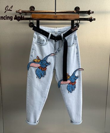 Straight Denims Little Elephant Embroidery Patchwork Korean Unfasten