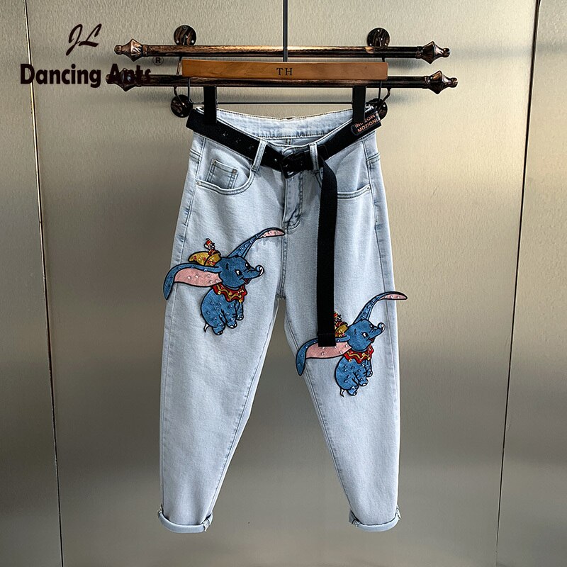 Women Straight Jeans Little Elephant Embroidery Patchwork Korean Loose Denim Pants 2020 New Femme Fashion Casual Bleached Jeans