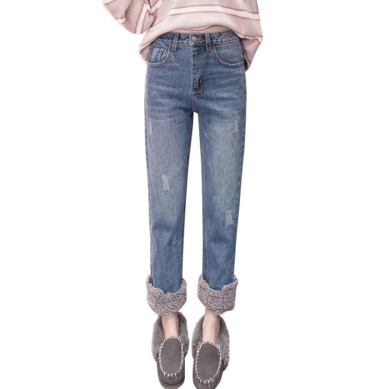 Plus Size 3XL Warm Winter Jeans Women Lambs Wool Stitching High Waist Jeans Woman Plus Velvet Straight Jeans Denim Pants C5949 3 3XL Heat Winter Denims Girls Lambs Wool