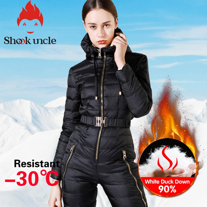 Winter new women’s slim fit jumpsuit 90% White Duck down jacket waist thickening warm Slim Elastic outdoor ski women down jacket 1