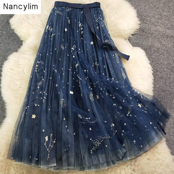 Heavy Constellation Star Embroidered Multi-level Mesh Skirt Women Long Skirt 2019 Spring Autumn Ladies Mesh Skirt Nancylim Brand Stylish constellation star embroidered mesh skirt with multi-level layers and sequined detailing, perfect for casual and formal eventsΒ