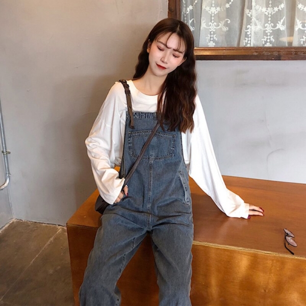 2020 Summer Women Cotton Loose Waist Straight Adjustable Shoulder Straps Washed Hole Ankle-Length Jeans Overalls K20 Cotton Free Waist Straight Adjustable Shoulder Straps