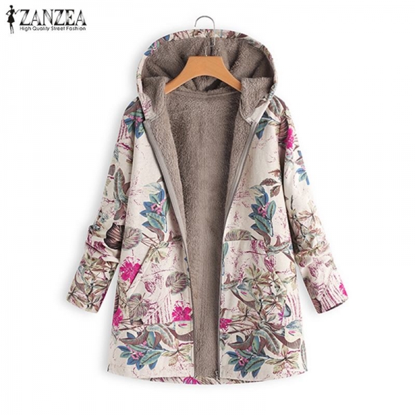 2020 ZANZEA Autumn Winter Warm Print Coat Fur Lining Women's Jackets Female Long Sleeve Hooded Outerwear Zipper Cardigans Tunic 3 Stay Warm in Style: Autumn Winter Heat Print Coat with Fur Lining for Women