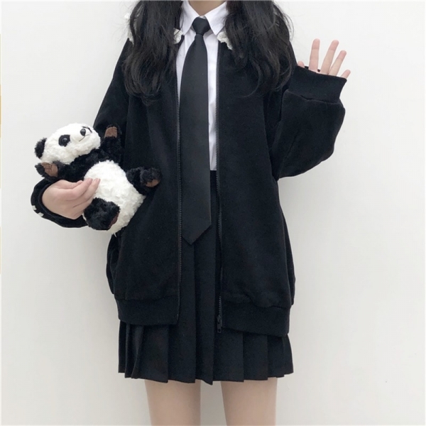 Japanese Preppy Style Sweet Soft Girly Black Zip JK Women Jacket 2020 Autumn Cardigan Peter Pan Collar Full Sleeve Ladies Coats 1 Preppy Model Candy Tender Girly Black Zip JK Girls Jacket