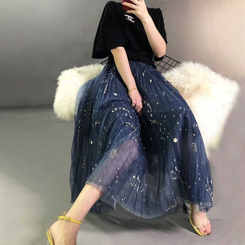 Heavy Constellation Star Embroidered Multi-level Mesh Skirt Women Long Skirt 2019 Spring Autumn Ladies Mesh Skirt Nancylim Brand 3 Glamorous Constellation Star Embroidered Mesh Skirt β Elegant A-Line Ankle-Length Skirt for Spring & Autumn π